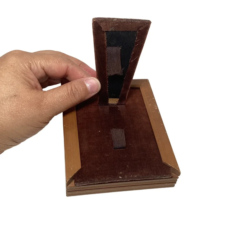 Vintage Small Wood Picture Frame Brown Velvet Easel Back Tabletop Decor 4x5